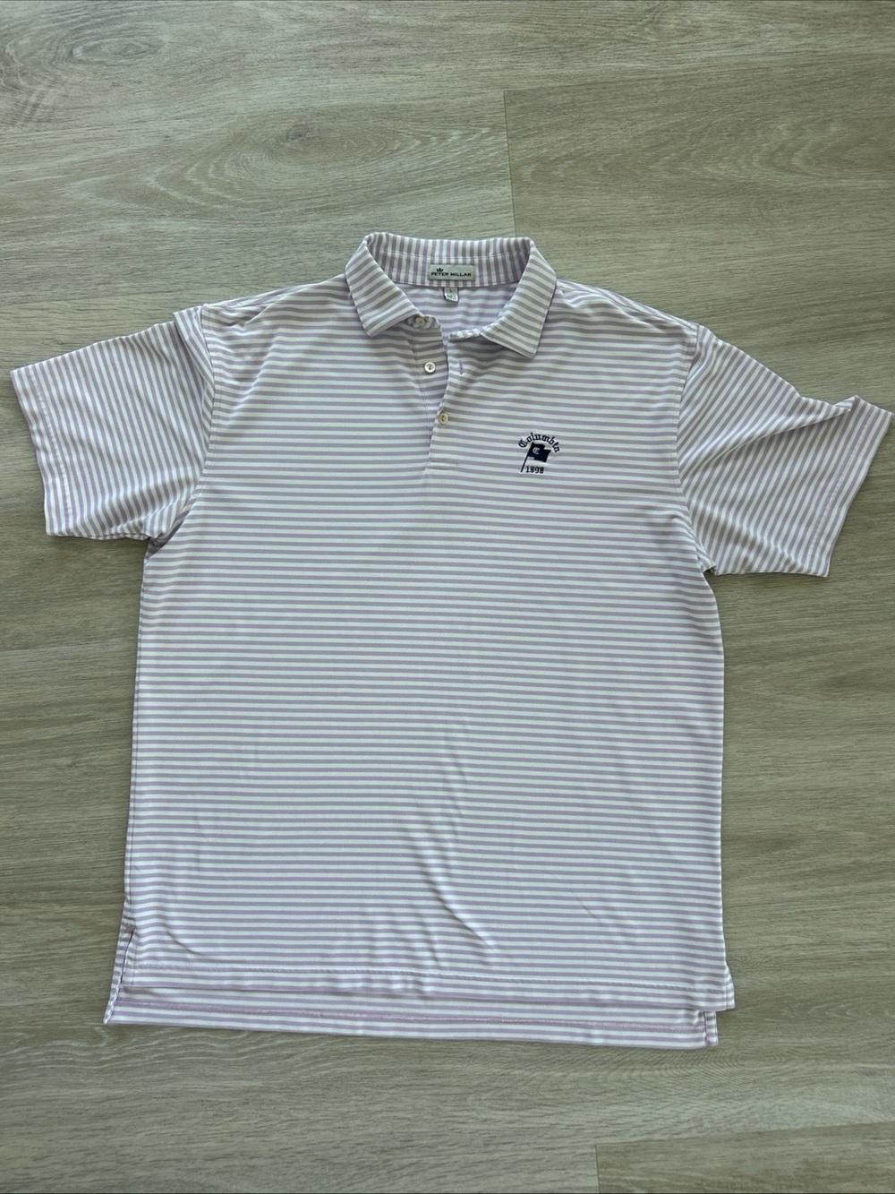 Peter Millar Summer Comfort Golf Polo Shirt Purple Striped Columbia 1898 Large